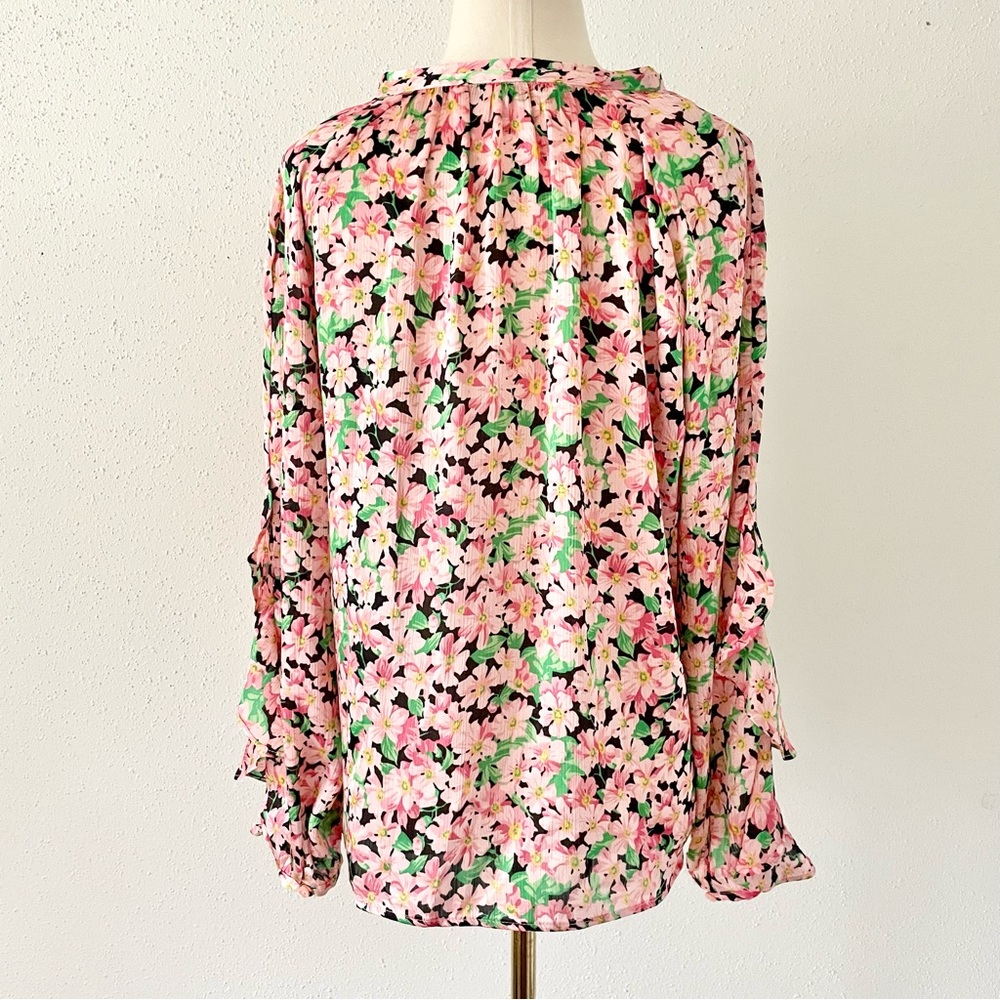 ZARA Women's Size Medium Pink Floral Long Sleeve V-Neck Ruffle Loose Blouse Top - Picture 6 of 11